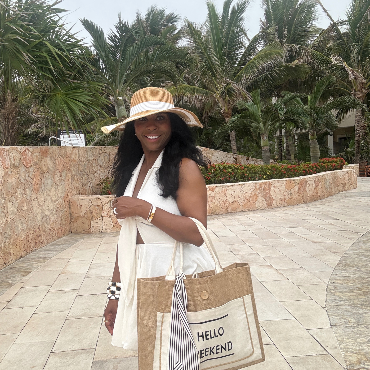 Woman in a white Bubble Hem dress on vacation